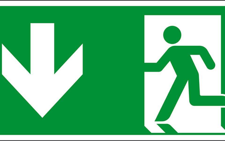 Rettungszeichen Notausgang, Folie, selbstklebend, 400x200mm, ASRA1.3, DIN EN ISO 7010 E001