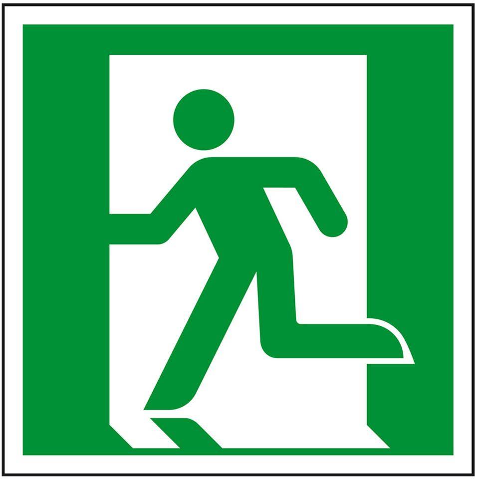 Rettungszeichen Rettungsweg/Notausgang links, Folie, selbstklebend, 150x150mm, ASR A1.3, DIN EN ISO 7010 E001