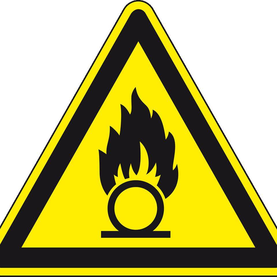 Warnschild Warnung vor brandfördernden Stoffen, Folie, SL 100mm,ASR A1.3, DIN EN ISO 7010 W028