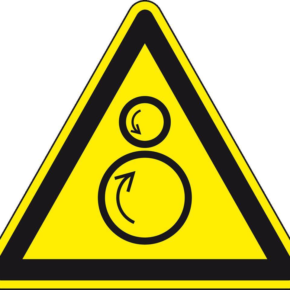 Warnschild Warnung vor gegenläufigen Rollen, Polyesterfolie, SL 50mm, 10/Bogen, ASR A1.3, DIN EN ISO 7010 W025