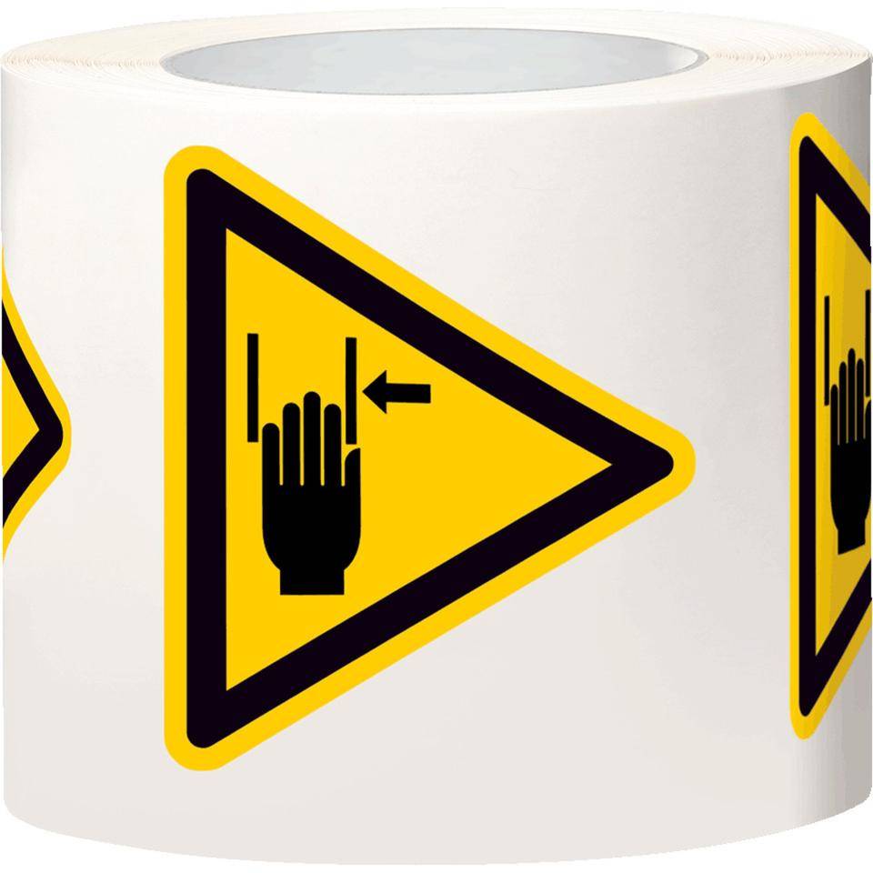 Warnschild Warnung vor Handverletzung, Folie, SL 100mm, 500/Rolle, ASR A1.3, DIN EN ISO 7010 W024