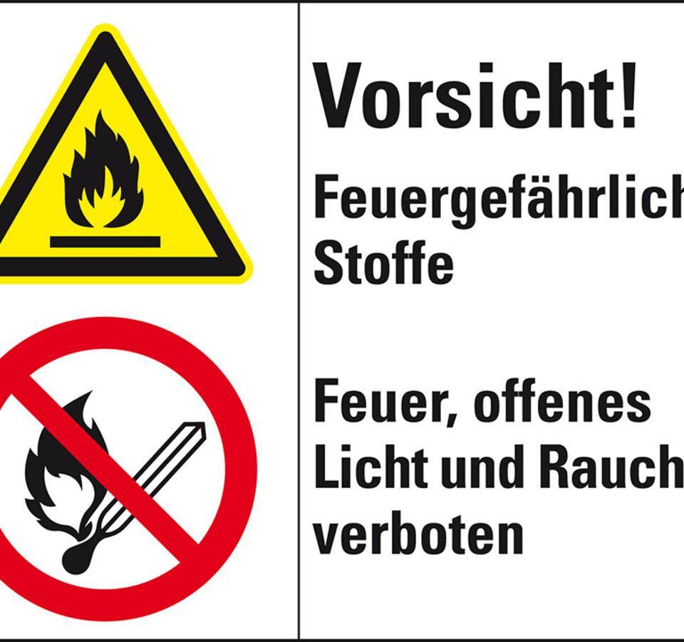 Kombischild mit Symbolen Vorsicht! Feuergef..., Folie, selbstklebend, 200x150mm, ASR A1.3, DIN EN ISO 7010 P003 und W021