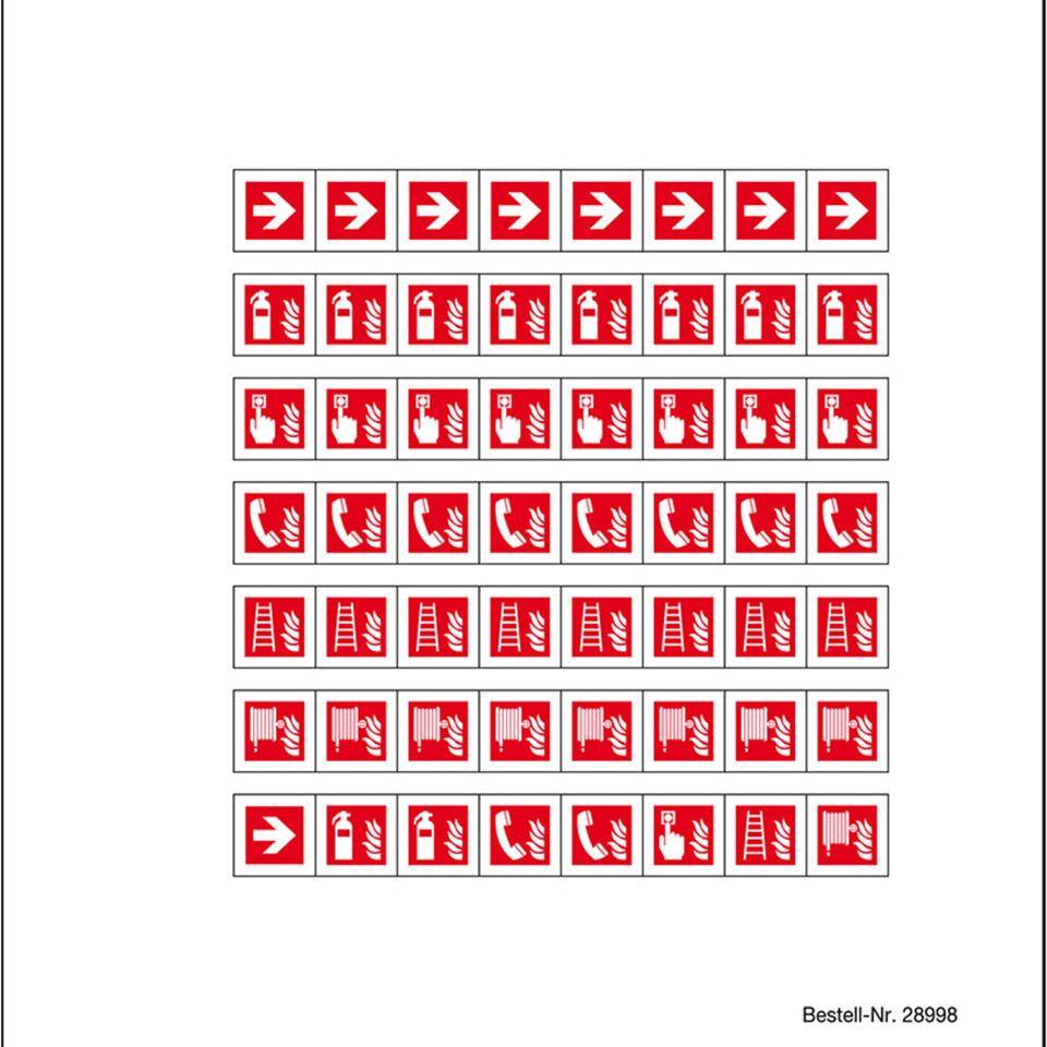 Minisymbol-Sammelbogen Brandschutz I, Folie, selbstklebend, 8mm,56/Bogen, ASR A1.3, DIN EN ISO 7010