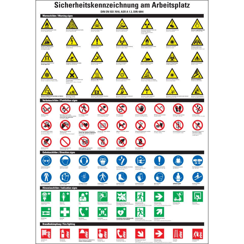 Aushang Sicherheitskennz.am Arbeitsplatz, deutsch/englisch, Kunststoff, 297x420mm, ASR A1.3, DIN EN ISO 7010