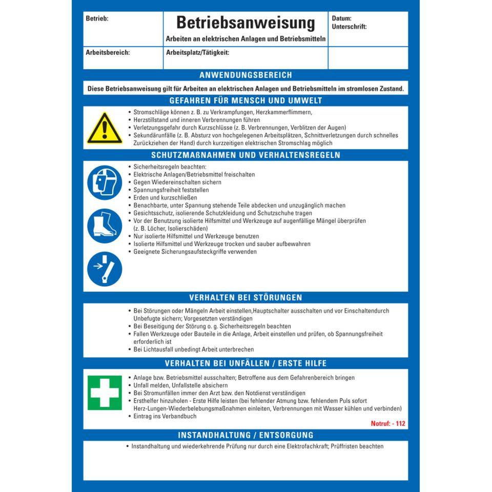 Maschinenbetriebsanweisung Arbeiten..im stromlosen Zustand, Kunststoff, 210x297mm, ASR A1.3, DIN EN ISO 7010