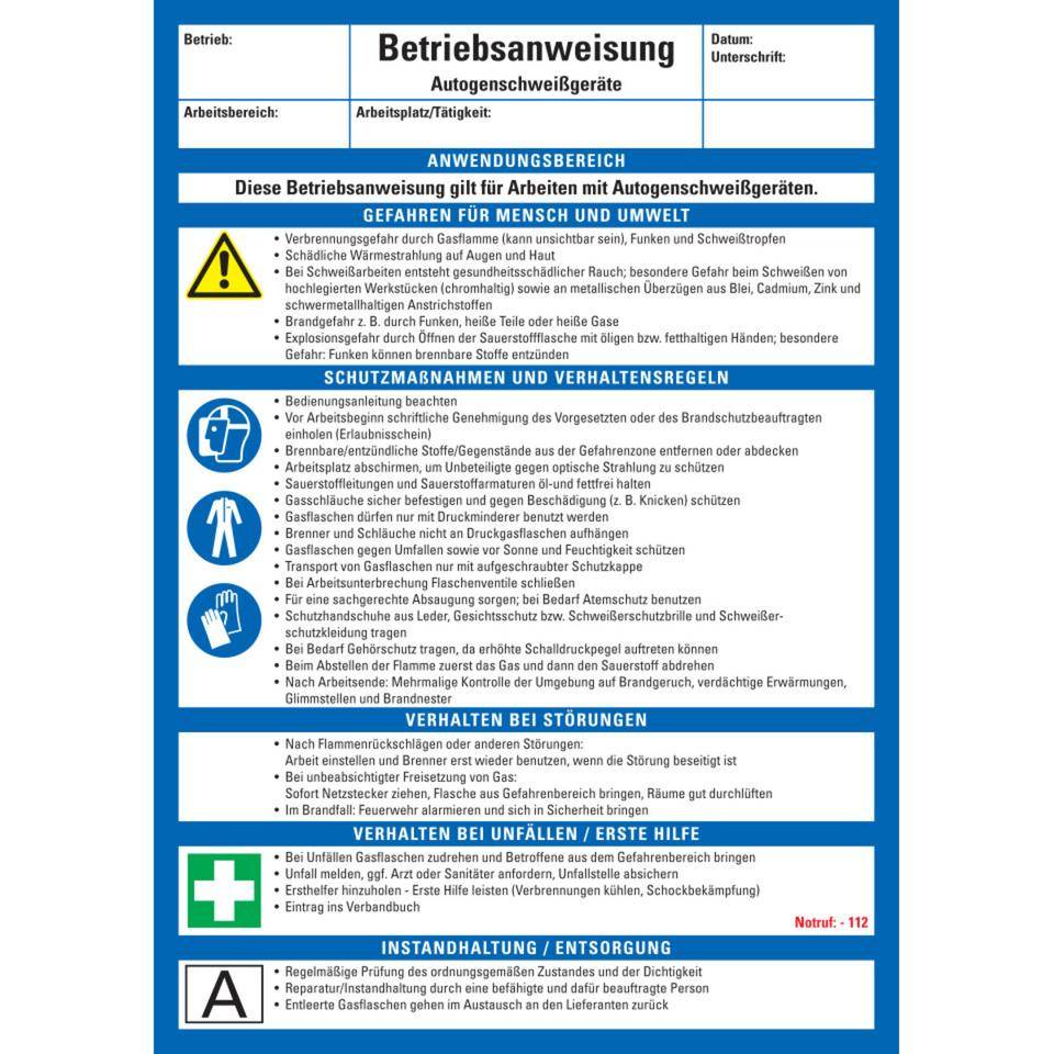 Maschinenbetriebsanweisung Autogenschweißgeräte, Kunststoff, 210x297mm, ASR A1.3, DIN EN ISO 7010