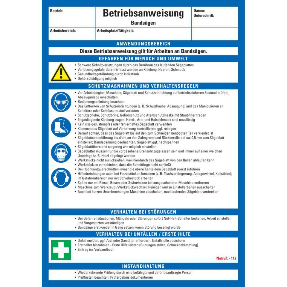 Maschinenbetriebsanweisung Bandsägen, Kunststoff, 210x297mm, ASRA1.3, DIN EN ISO 7010