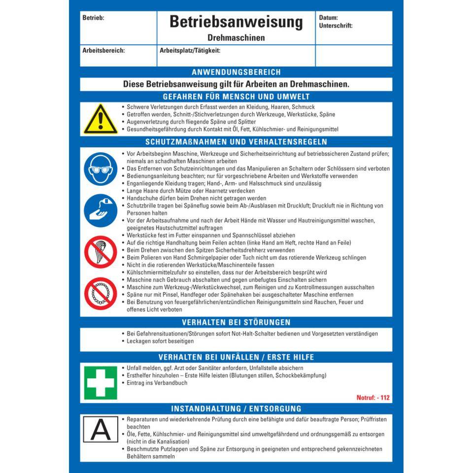 Maschinenbetriebsanweisung Drehmaschinen, Kunststoff, 210x297mm,ASR A1.3, DIN EN ISO 7010
