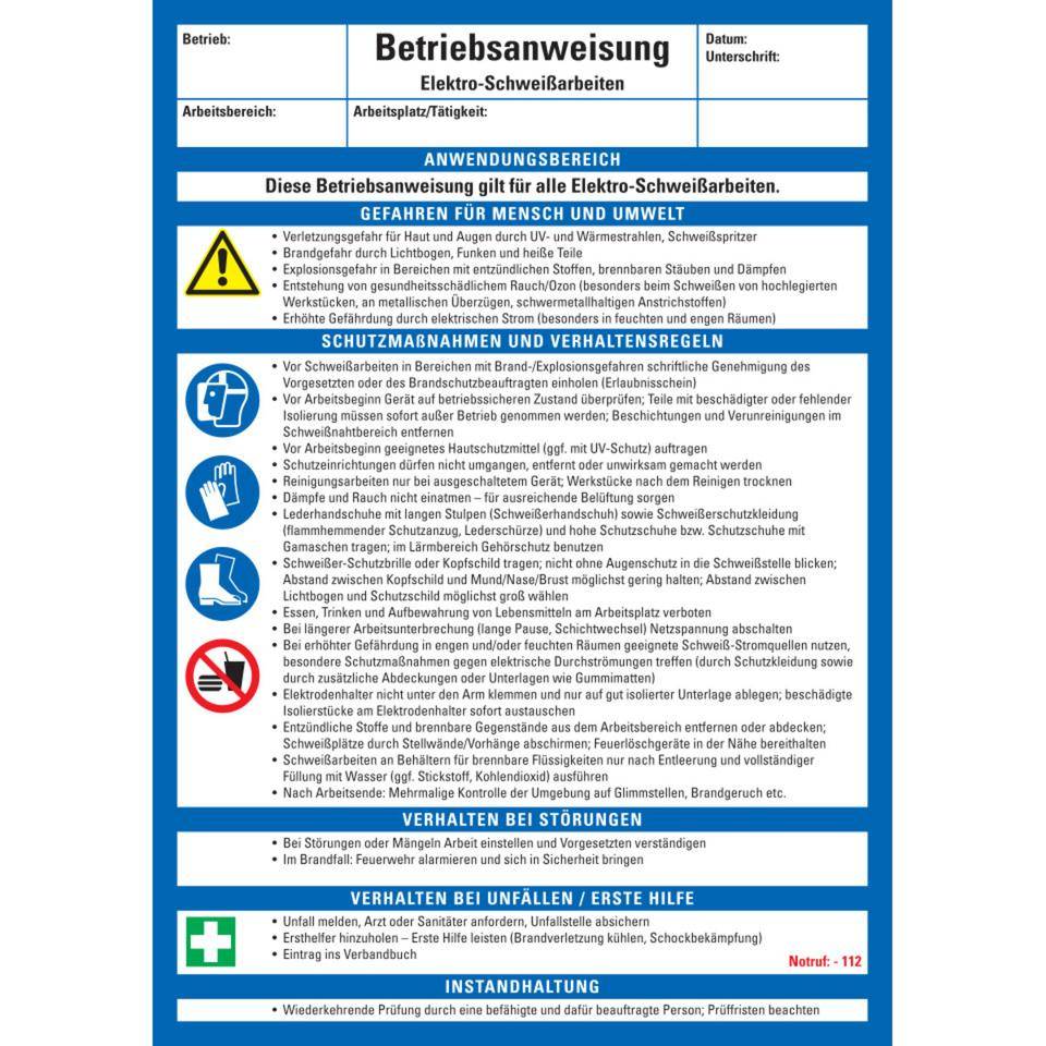 Maschinenbetriebsanweisung Elektro-Schweißarbeiten, Kunststoff, 210x297mm, ASR A1.3, DIN EN ISO 7010