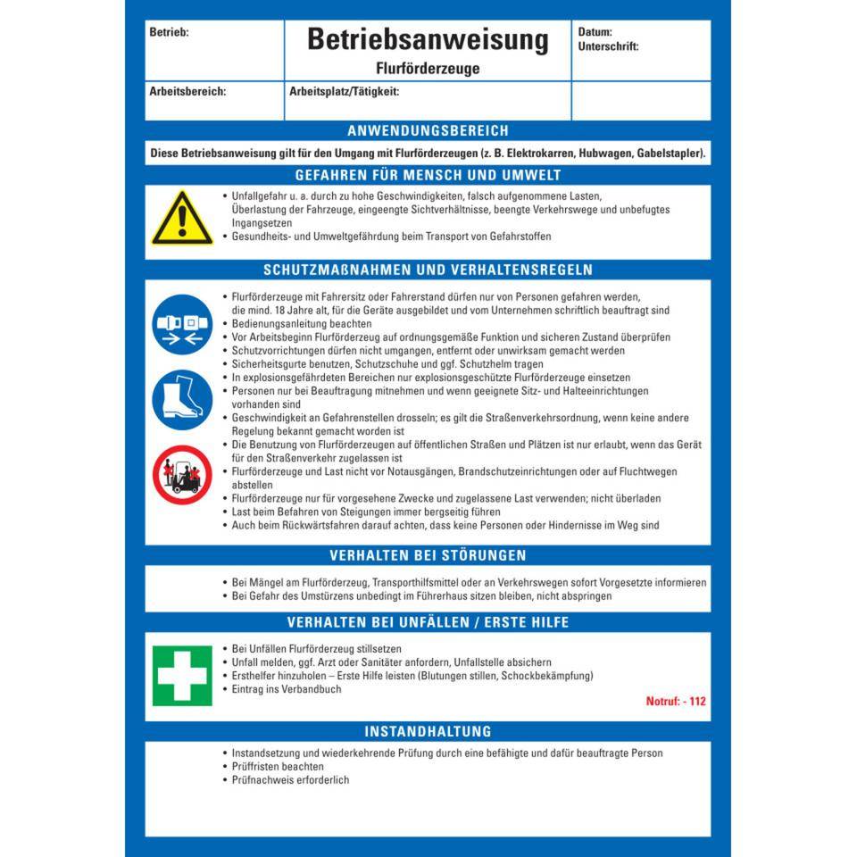 Maschinenbetriebsanweisung Flurförderzeuge, Kunststoff, 210x297mm, ASR A1.3, DIN EN ISO 7010