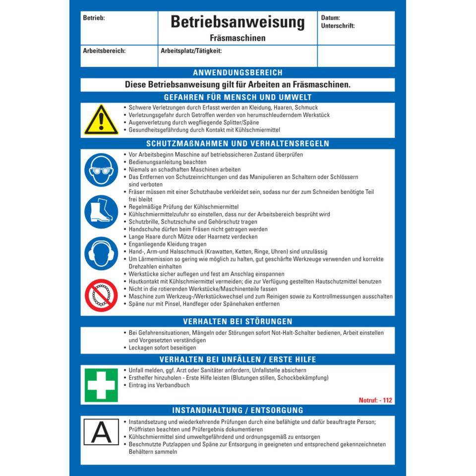 Maschinenbetriebsanweisung Fräsmaschinen, Kunststoff, 210x297mm,ASR A1.3, DIN EN ISO 7010