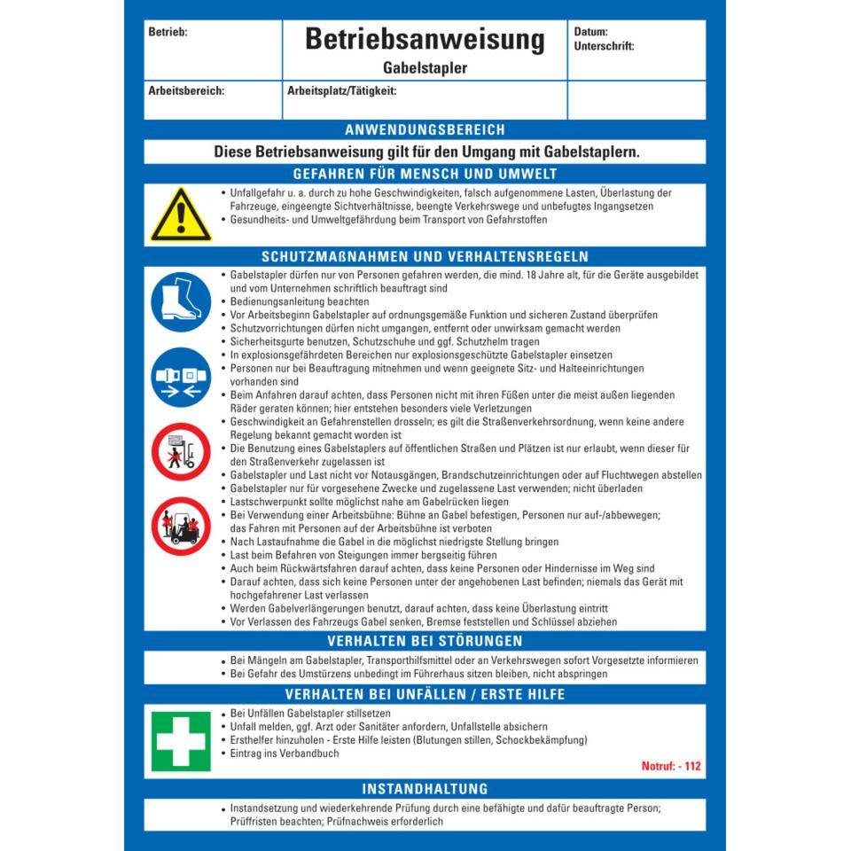 Maschinenbetriebsanweisung Gabelstapler, Kunststoff, 210x297mm, ASR A1.3, DIN EN ISO 7010