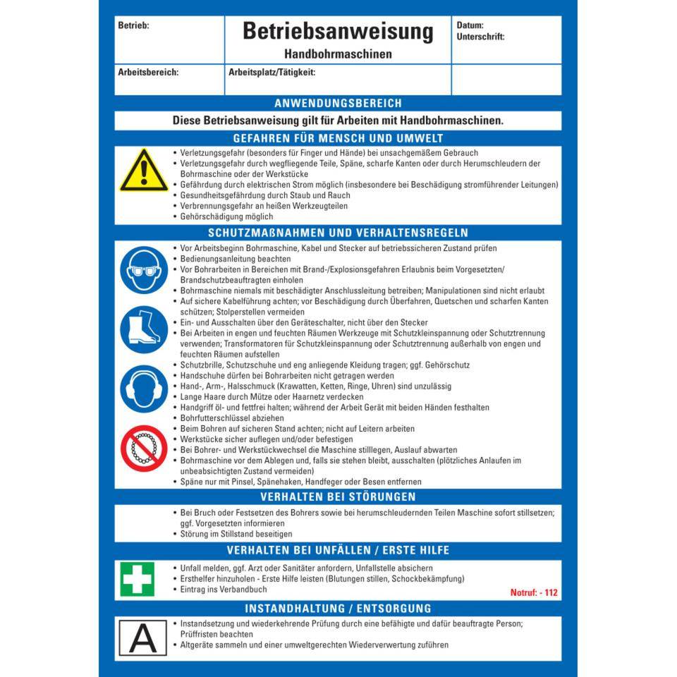 Maschinenbetriebsanweisung Handbohrmaschinen, Kunststoff, 210x297mm, ASR A1.3, DIN EN ISO 7010