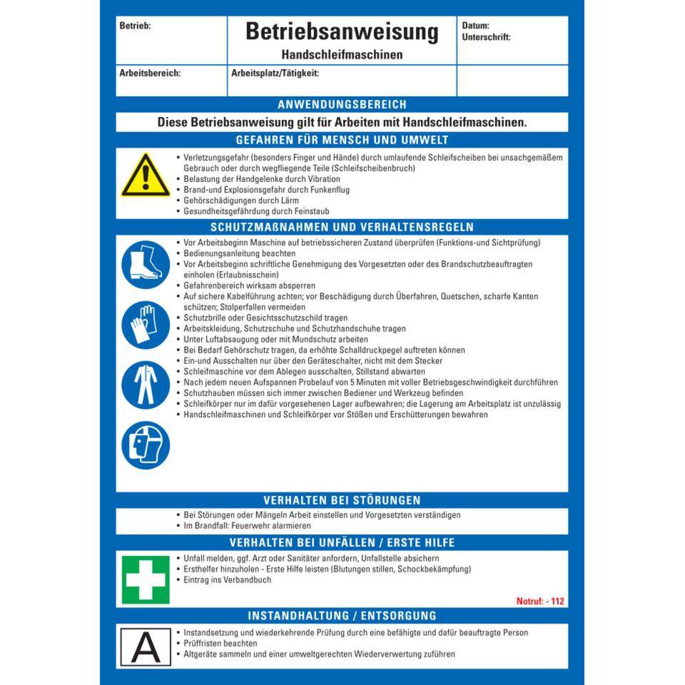 Maschinenbetriebsanweisung Handschleifmaschinen, Kunststoff, 210x297mm, ASR A1.3, DIN EN ISO 7010