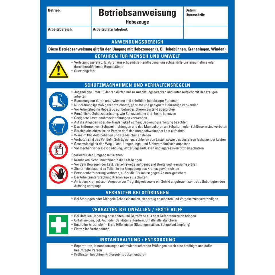 Maschinenbetriebsanweisung Hebezeuge, Kunststoff, 210x297mm, ASRA1.3, DIN EN ISO 7010