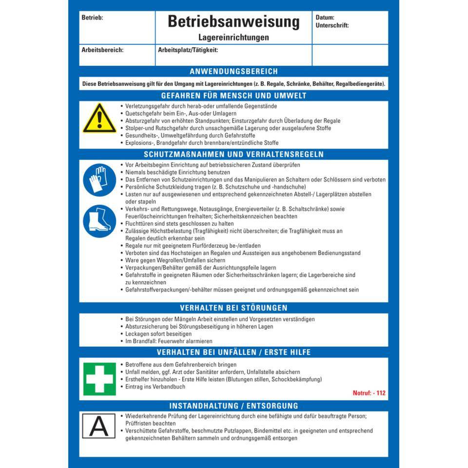 Maschinenbetriebsanweisung Lagereinrichtungen, Kunststoff, 210x297mm, ASR A1.3, DIN EN ISO 7010