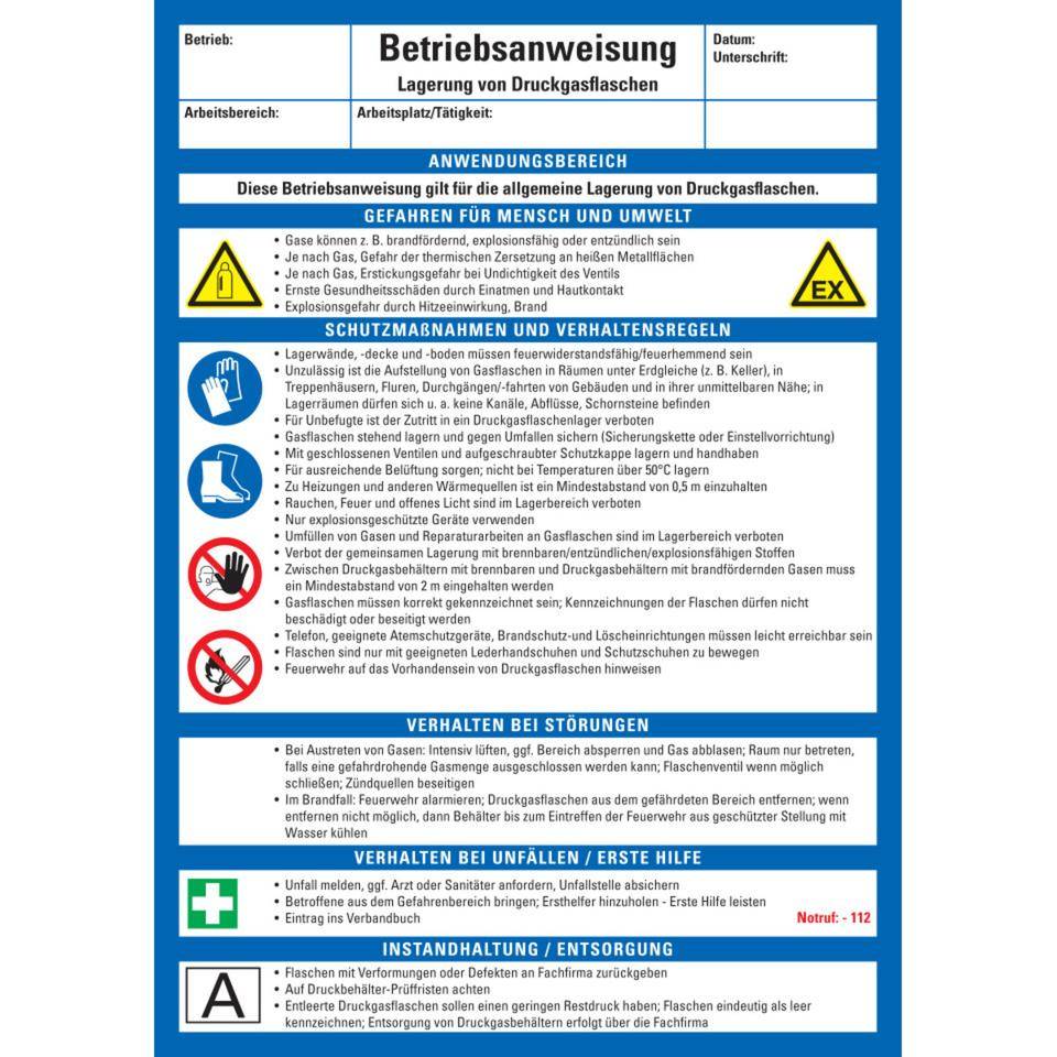 Maschinenbetriebsanweisung Lagerung von Druckgasflaschen, Kunststoff, 210x297mm, ASR A1.3, DIN EN ISO 7010