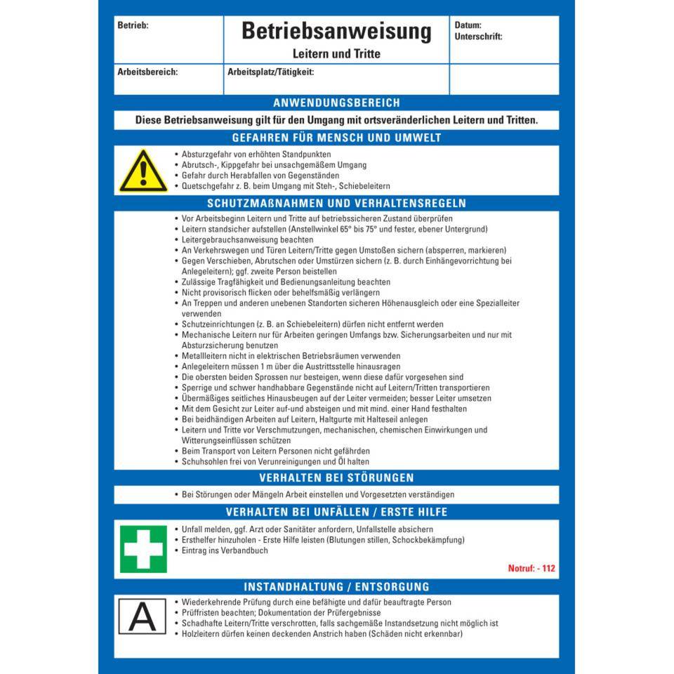 Maschinenbetriebsanweisung Leitern und Tritte, Kunststoff, 210x297mm, ASR A1.3, DIN EN ISO 7010