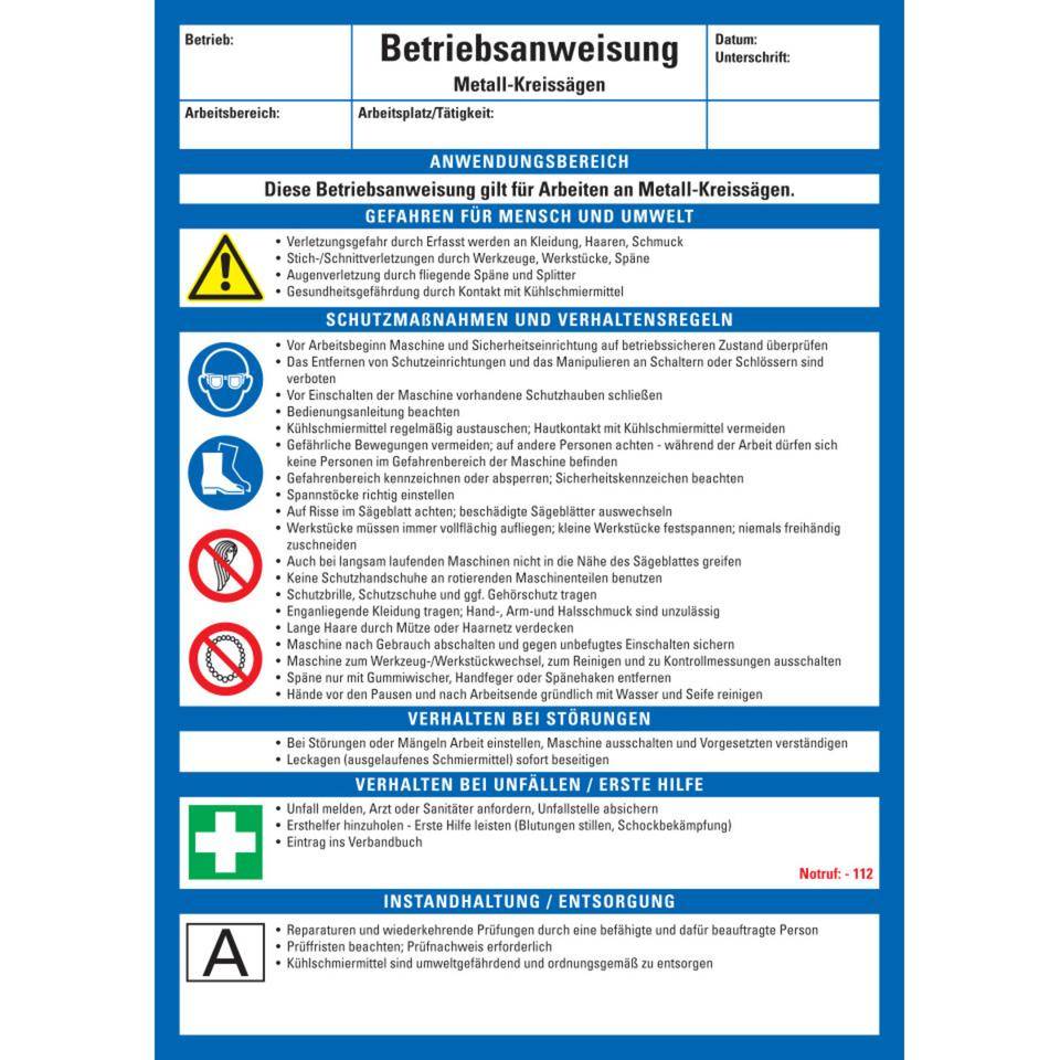 Maschinenbetriebsanweisung Metall-Kreissägen, Kunststoff, 210x297mm, ASR A1.3, DIN EN ISO 7010