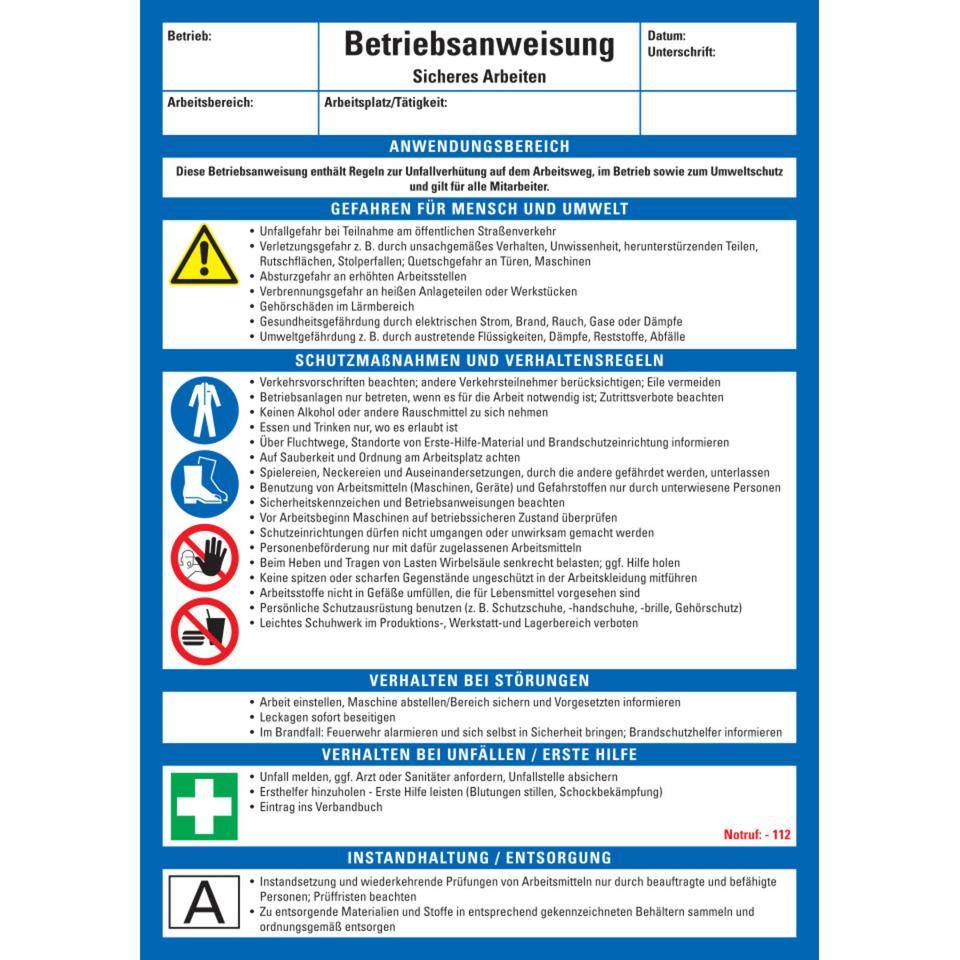 Maschinenbetriebsanweisung Sicheres Arbeiten, Kunststoff, 210x297mm, ASR A1.3, DIN EN ISO 7010