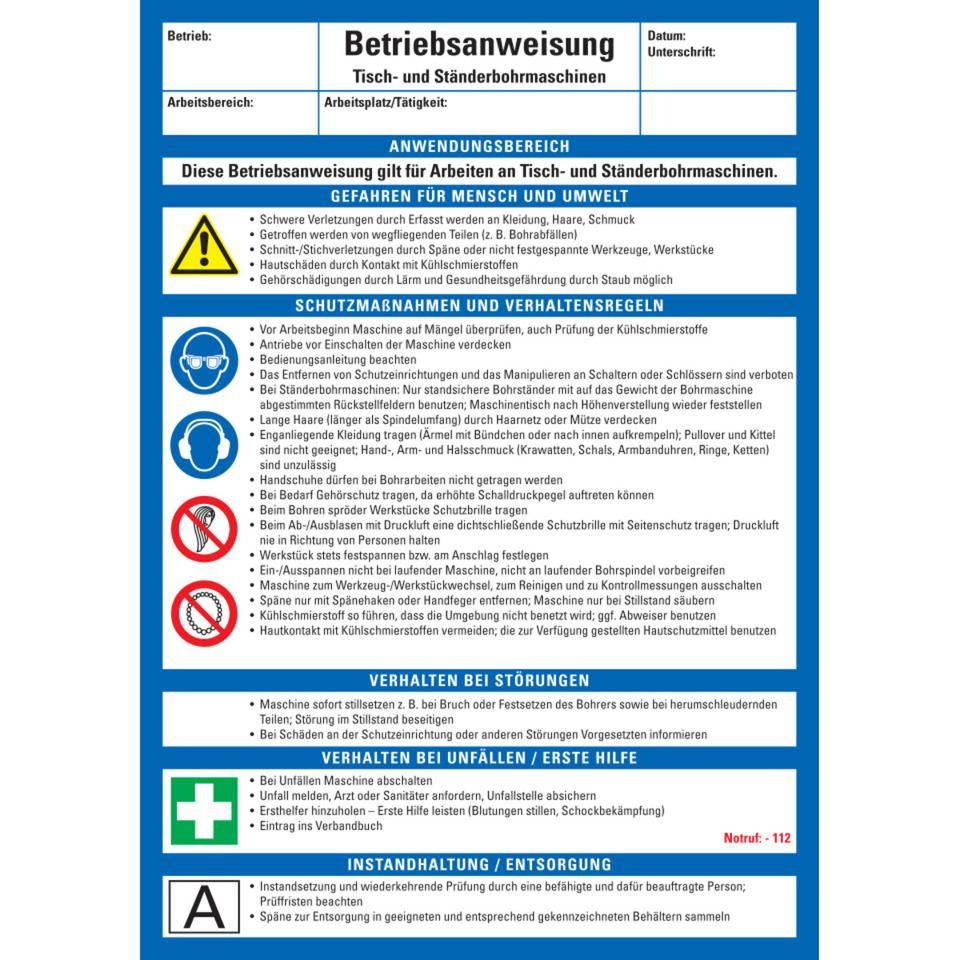 Maschinenbetriebsanweisung Tisch- und Ständerbohrmaschinen, Kunststoff, 210x297mm, ASR A1.3, DIN EN ISO 7010