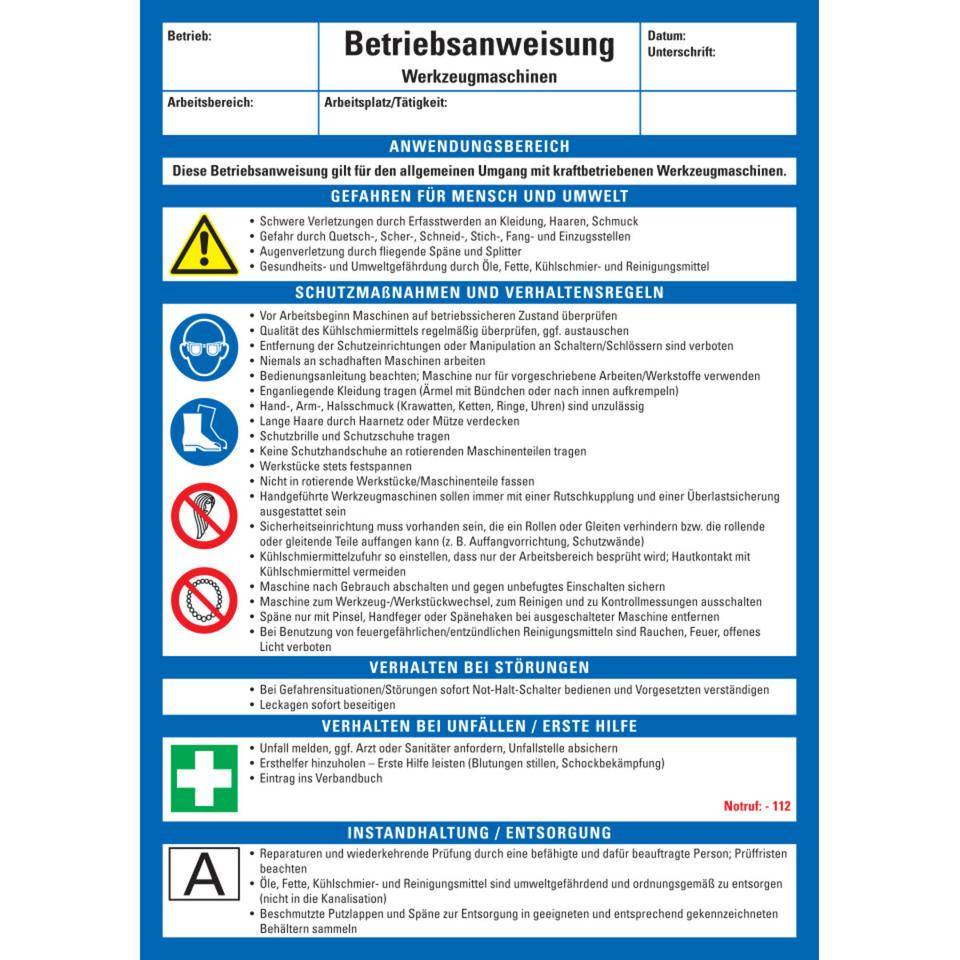 Maschinenbetriebsanweisung Werkzeugmaschinen, Kunststoff, 210x297mm, ASR A1.3, DIN EN ISO 7010
