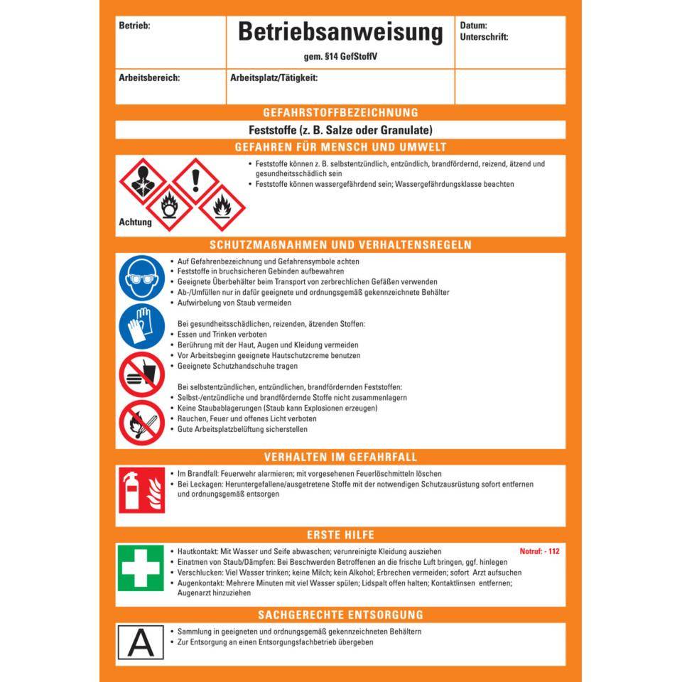 Betriebsanweisung Feststoffe, CLP/GHS, Kunststoff, 210x297mm, ASR A1.3, DIN EN ISO 7010