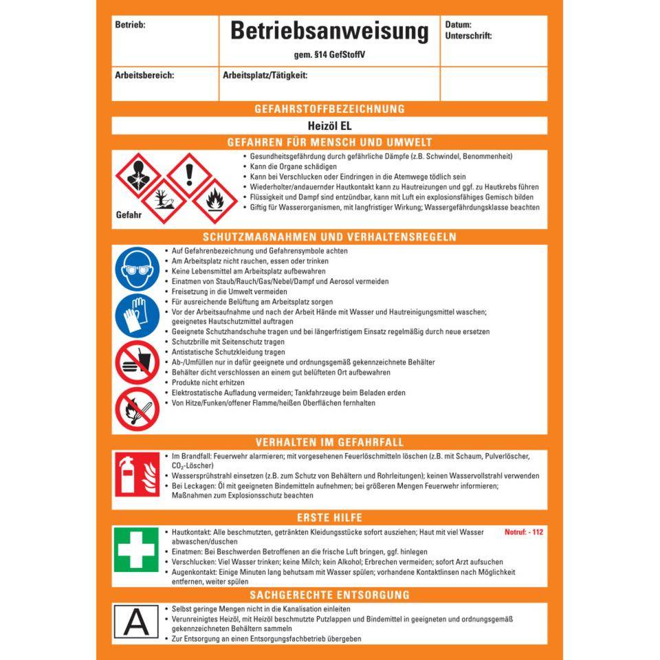 Betriebsanweisung Heizöl EL, CLP/GHS, Kunststoff, 210x297mm, ASRA1.3, DIN EN ISO 7010