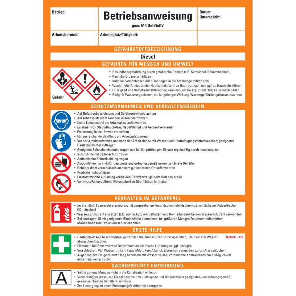 Betriebsanweisung Diesel, CLP/GHS, Kunststoff, 210x297mm, ASR A1.3, DIN EN ISO 7010