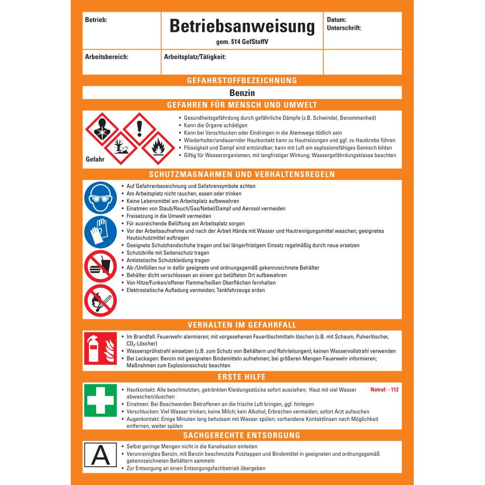 Betriebsanweisung Benzin, CLP/GHS, Kunststoff, 210x297mm, ASR A1.3, DIN EN ISO 7010