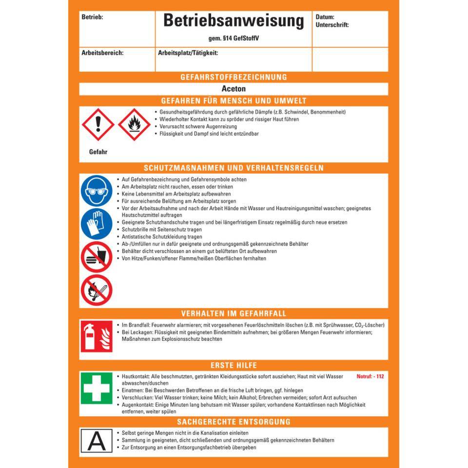 Betriebsanweisung Aceton, CLP/GHS, Kunststoff, 210x297mm, ASR A1.3, DIN EN ISO 7010