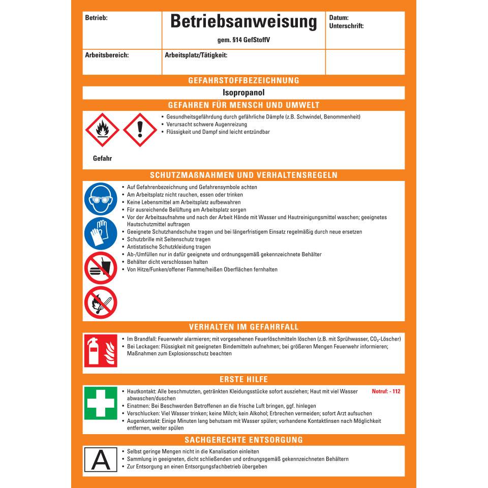 Betriebsanweisung Isopropanol, CLP/GHS, Kunststoff, 210x297mm, ASR A1.3, DIN EN ISO 7010