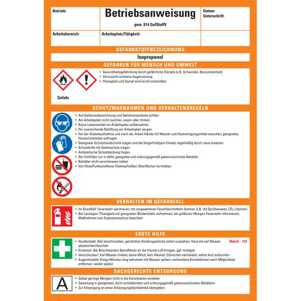 Betriebsanweisung Isopropanol, CLP/GHS, Kunststoff, 210x297mm, ASR A1.3, DIN EN ISO 7010