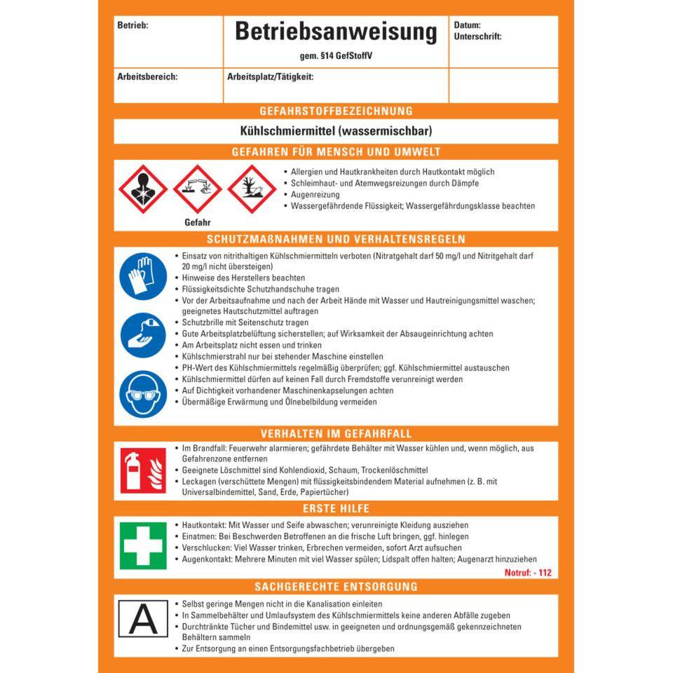 Betriebsanweisung Kühlschmiermittel, CLP/GHS, Kunststoff, 210x297mm, ASR A1.3, DIN EN ISO 7010