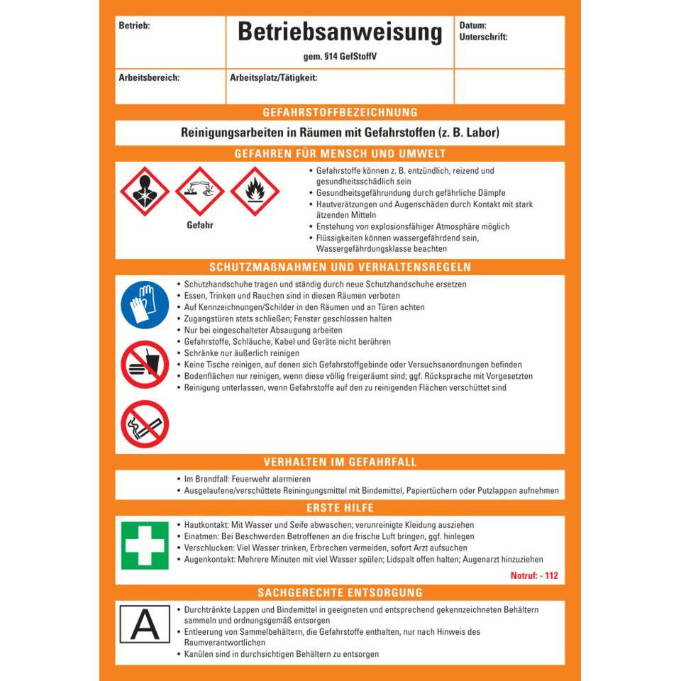 Betriebsanweisung Reinigungsarbeiten in..., CLP/GHS, Kunststoff,210x297mm, ASR A1.3, DIN EN ISO 7010