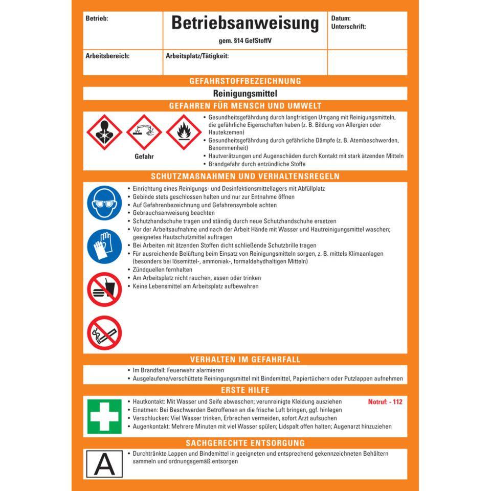 Betriebsanweisung Reinigungsmittel, CLP/GHS, Kunststoff, 210x297mm, ASR A1.3, DIN EN ISO 7010