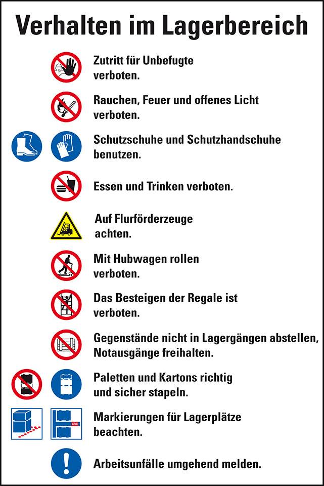 Hinweisschild Verhalten im Lagerbereich, Piktos ISO7010, Kunststoff, 200x300mm, DIN EN ISO 7010