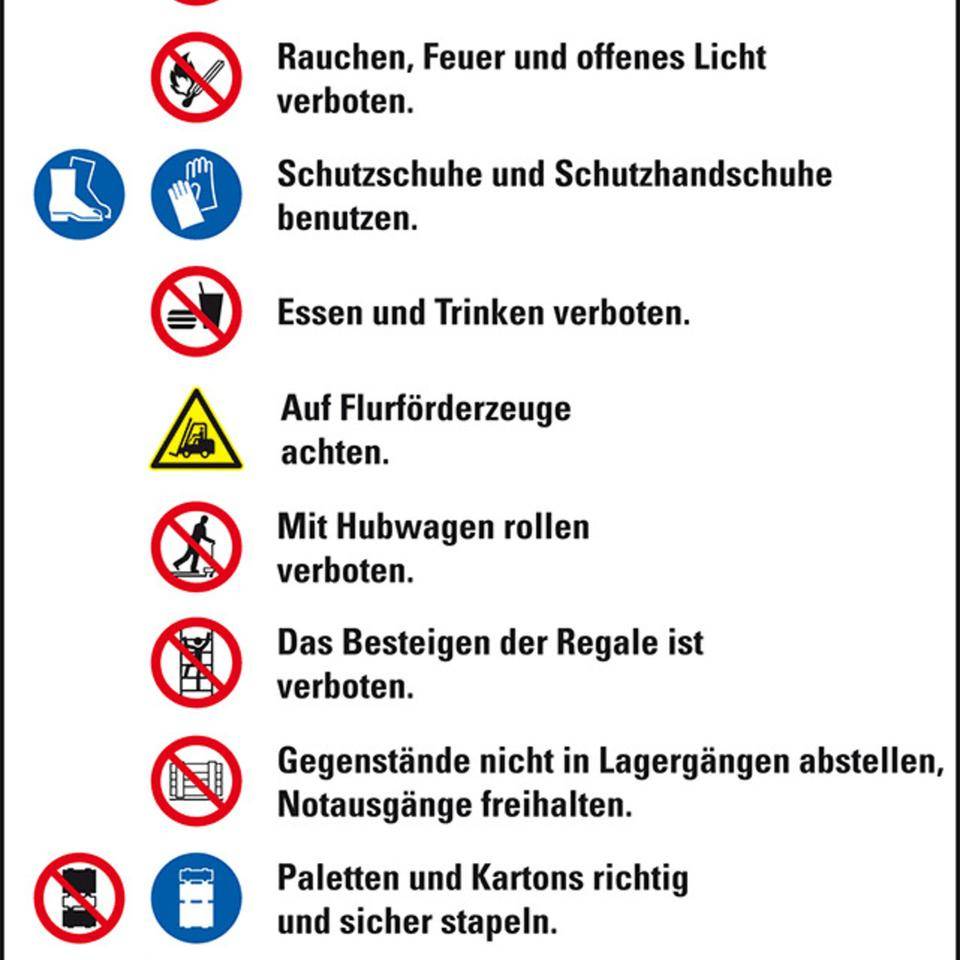 Hinweisschild Verhalten im Lagerbereich, Piktos ISO 7010, Folie,200x300mm, DIN EN ISO 7010