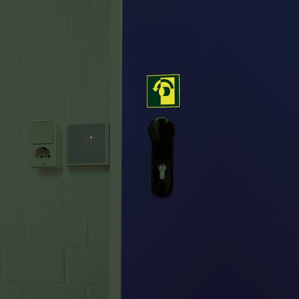 PERMALIGHT® power langnachleuchtend Türgriff-Hinweis Öffnung/Linksdrehung, Aluminium, 100x100mm, ASR A1.3 DIN EN ISO 7010