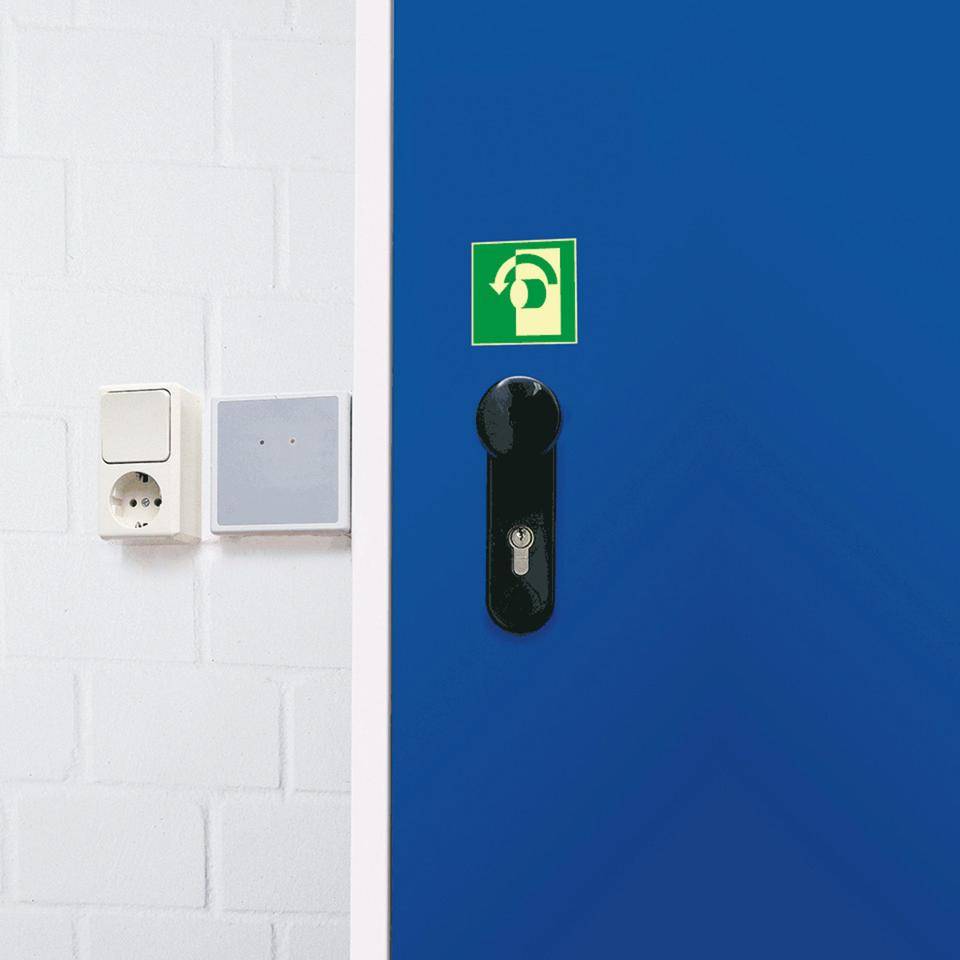 PERMALIGHT® power langnachleuchtend Türgriff-Hinweis Öffnung/Linksdrehung, Aluminium, 100x100mm, ASR A1.3 DIN EN ISO 7010