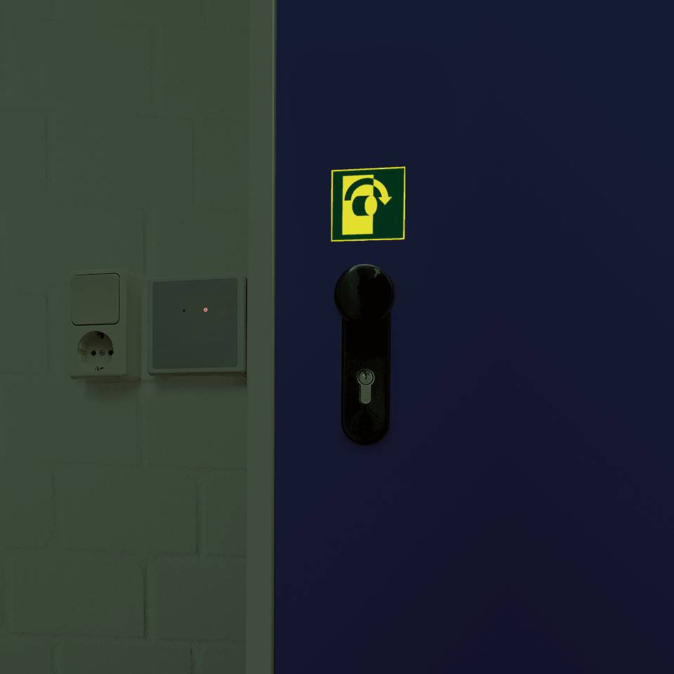 PERMALIGHT® power langnachleuchtend Türgriff-Hinweis Öffnung/Rechtsdrehung, Aluminium, 100x100mm, ASR DIN EN ISO 7010
