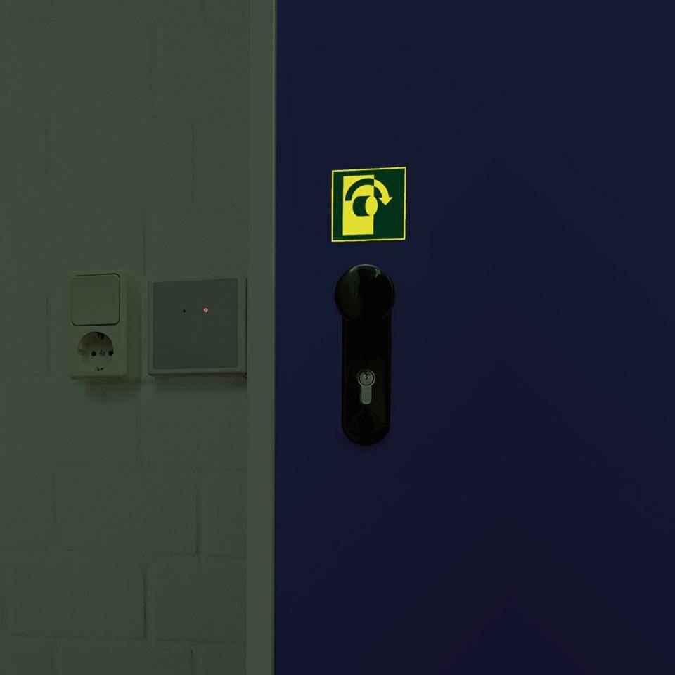 PERMALIGHT® power langnachleuchtend Türgriff-Hinweis Öffnung/Rechtsdrehung, Aluminium, 100x100mm, ASR DIN EN ISO 7010