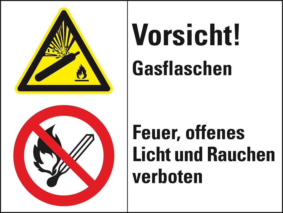 Kombischild mit Symbolen Vorsicht! Gasflaschen..., ISO 3864, Folie, 200x150mm
