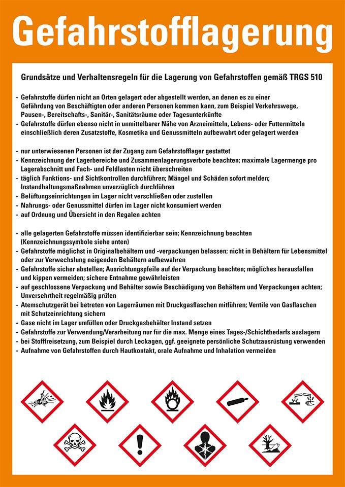 Aushang Grundsätze und Verhaltensregeln Gefahrstofflagerung, Kunststoff, 210x297mm