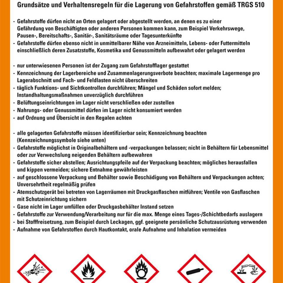 Aushang Grundsätze und Verhaltensregeln Gefahrstofflagerung, Kunststoff, 210x297mm