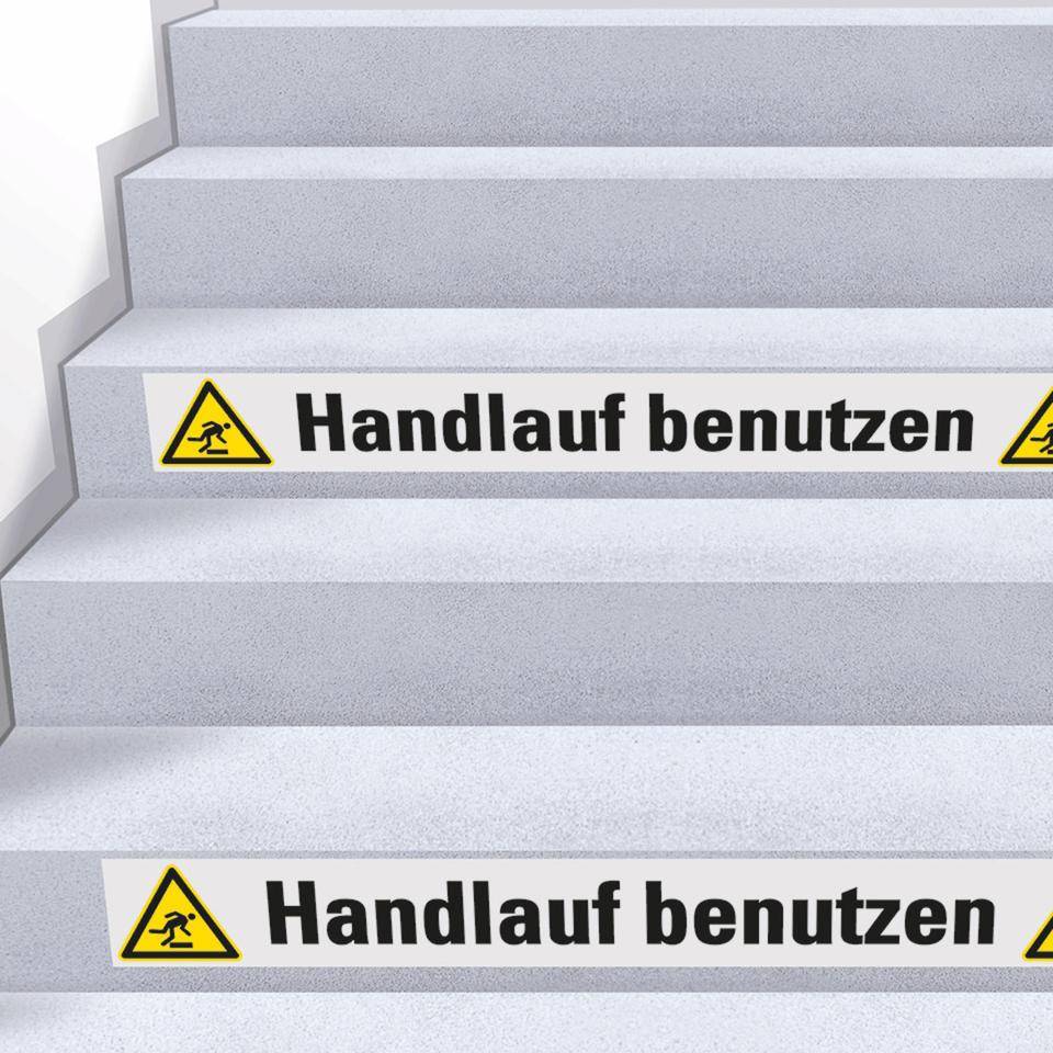 Treppenmarkierung Handlauf benutzen, mit 2 Piktogrammen, R10, Bodenmarkierungsfolie, 1000x120mm, ASR A1.3, DIN EN ISO 7010/W007