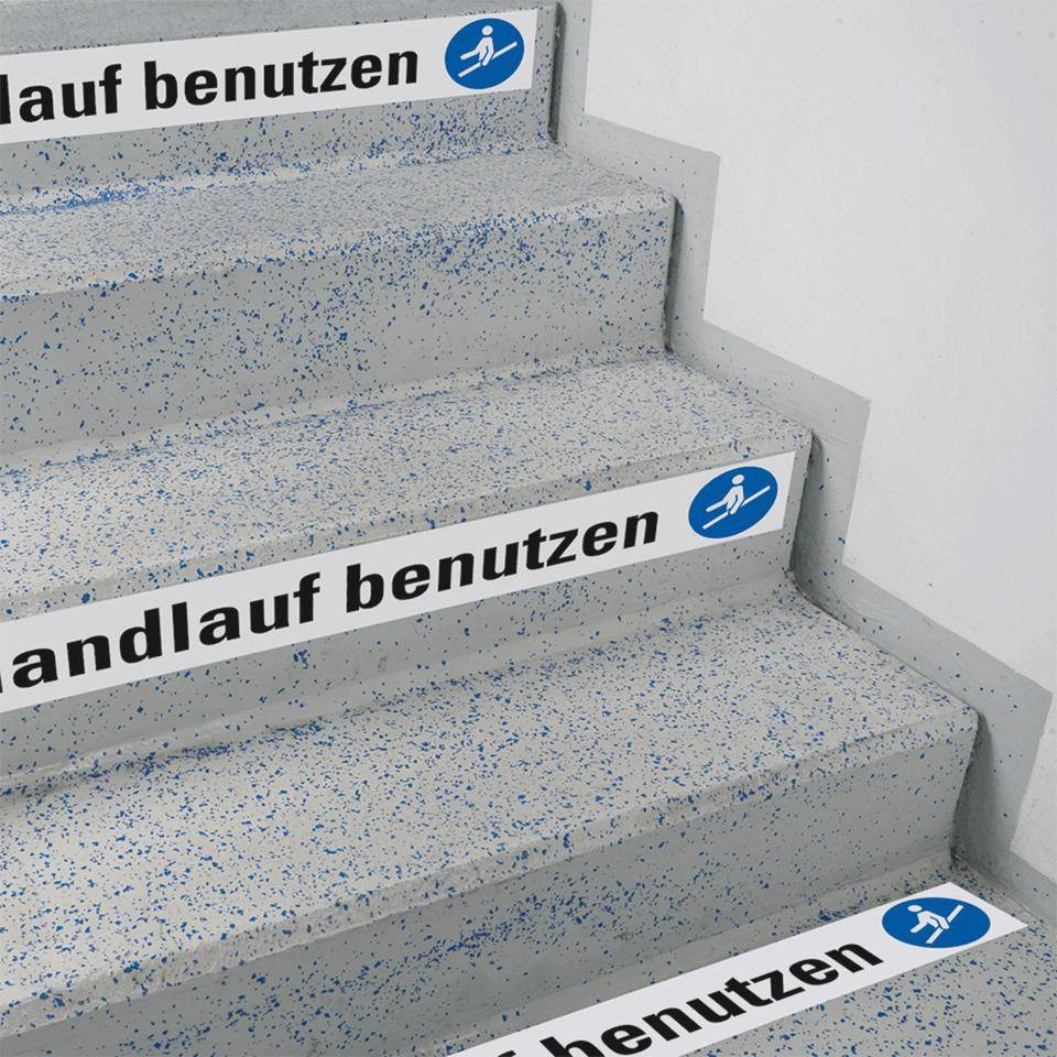 Treppenmarkierung Handlauf benutzen, mit 2 Piktogrammen, R10, Bodenmarkierungsfolie, 1000x120mm, ASR A1.3, DIN EN ISO 7010/M012