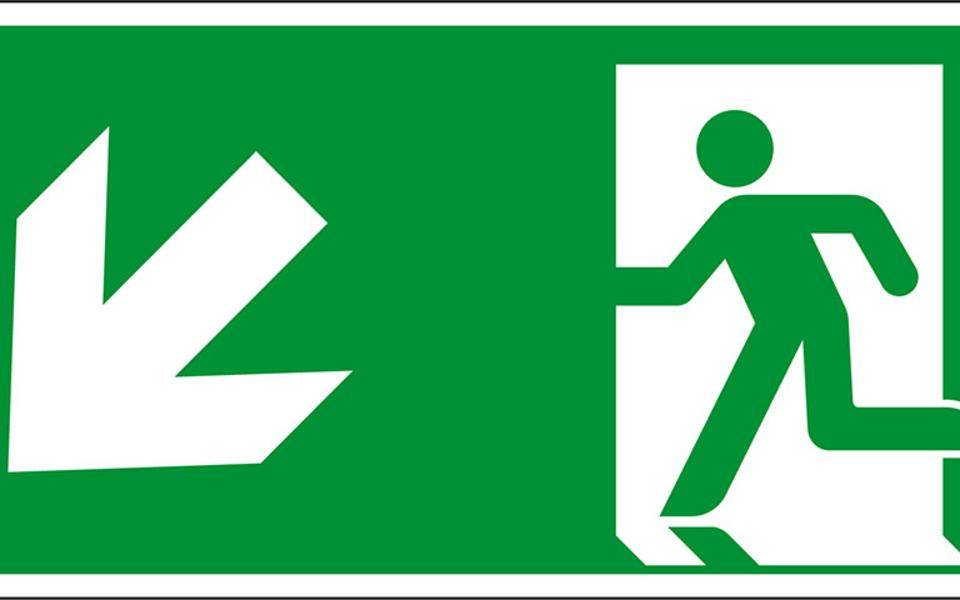 Rettungszeichen Rettungsweg links abwärts, Folie, selbstklebend,300x150mm, ASR A1.3, DIN EN ISO 7010 E001