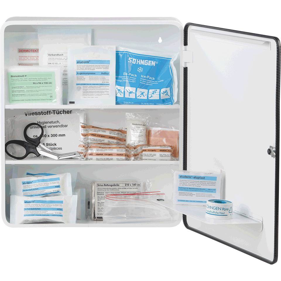 SÖHNGEN® Verbandschrank Paris, ASR A4.3 (DIN 13157), weiß, Stahlblech, 402x462x112mm