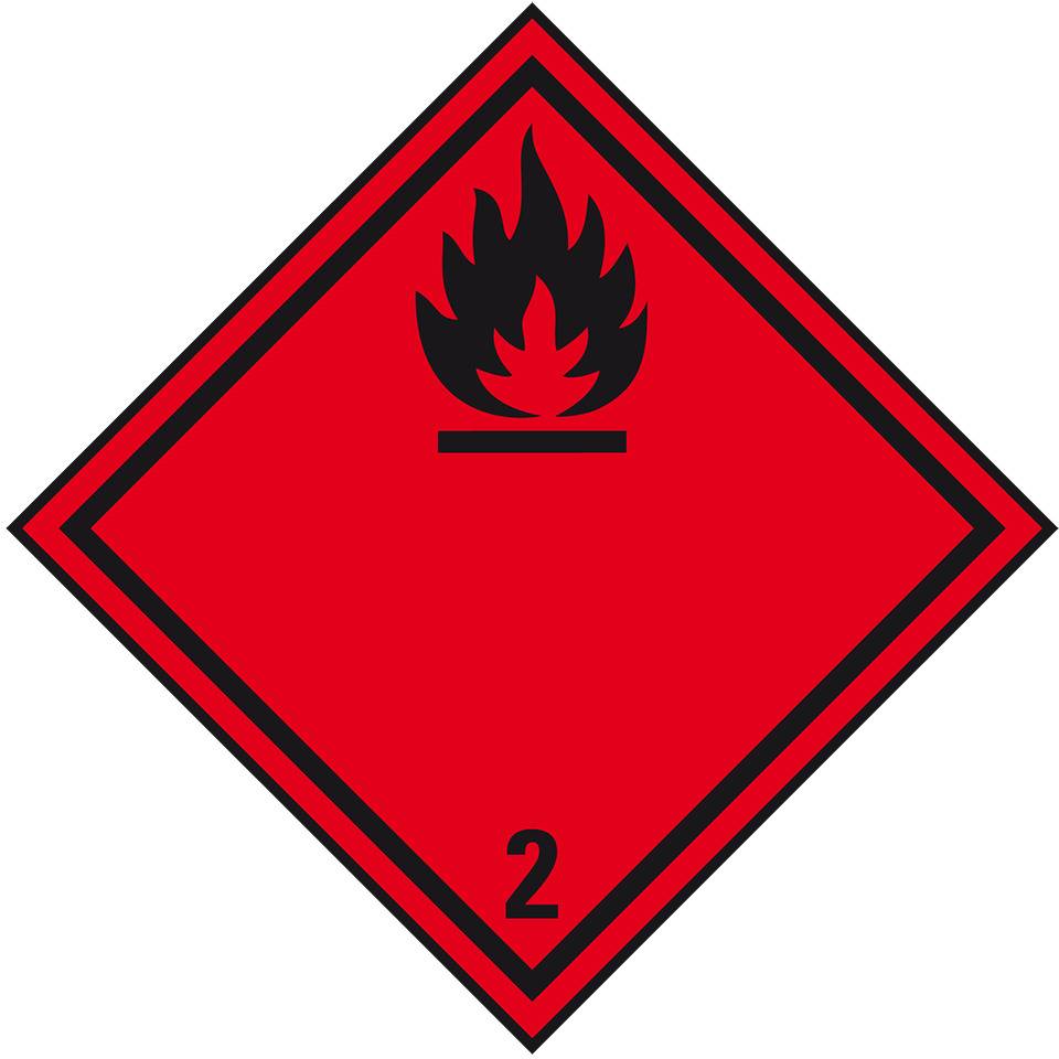 Verpackungskennzeichen Kl. 2.1 Entzündbare Gase, Folie, seewasserbeständig, 100x100mm, IMDG-Code, GGVSEB, ADR, IATA